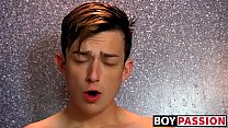 hd gorgeous lad gets naked in the shower and rides a wall dildo porn