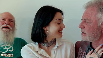 hd young brunette has threesome with old men and she swallows cum porn