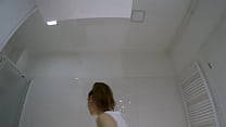 hd hot brunette college girl with a mini tennis skirt and over knee socks in the bathroom shows panties under her short porn