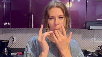 hd dormmategirl gets cum in mouth and hair while there is no one in the kitchen except us porn